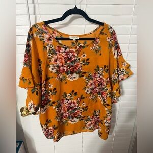 Umgee Mustard Floral Ruffle-Sleeve Blouse